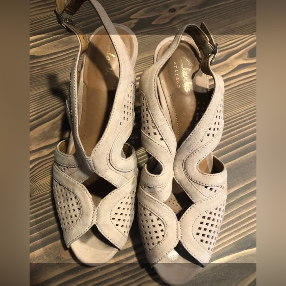 Size 6 Clarks peep toe suede heels with Cushion soul
L